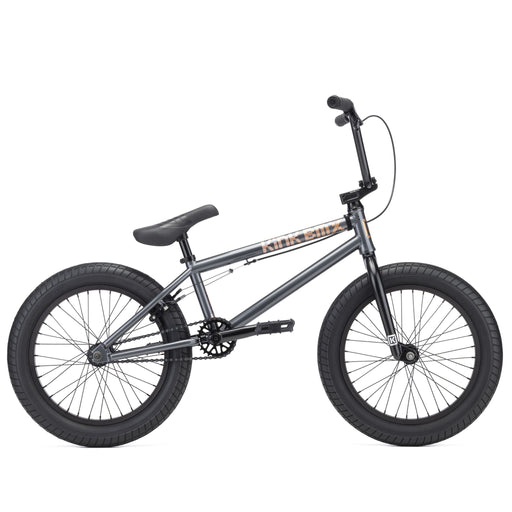 side view of the 18" Kink kicker in gunmetal grey, 18" bmx bike, 18" kids bike, 18" kink bike, 18" Boys bike