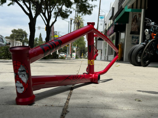 Front and side view of the Cult Heaven's gate frame in red, cult frame, cult bmx frame, cult begin frame, bmx frame, strongest bmx frame, best bmx frame, cult heavens gate frame