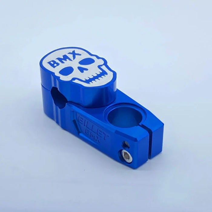 top view of billet bmx skull stem in blue