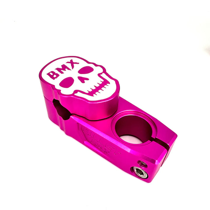 top view of billet bmx skull stem in pink