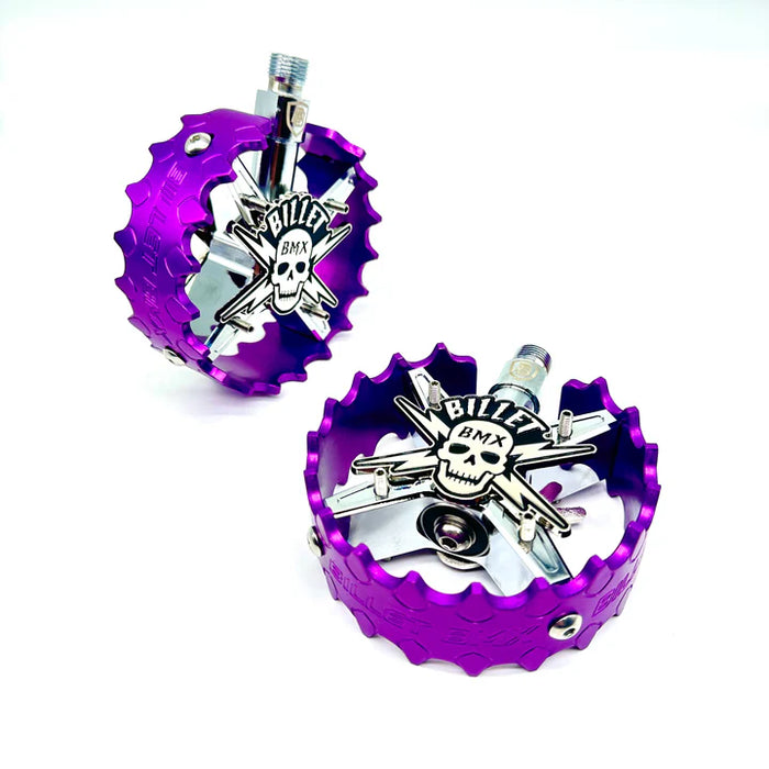 top view of skull pro round series pedals in purple