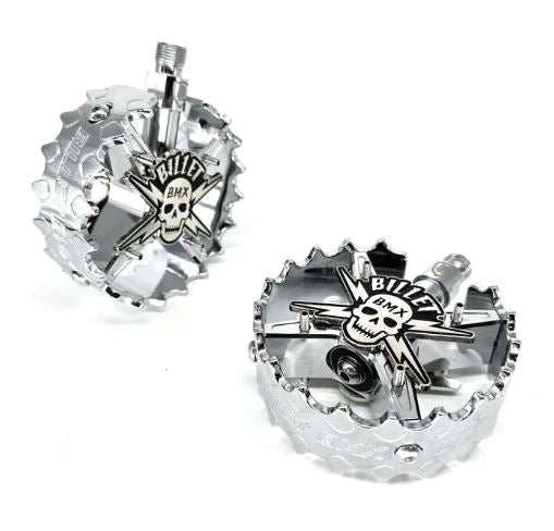top view of skull pro round series pedals in chrome