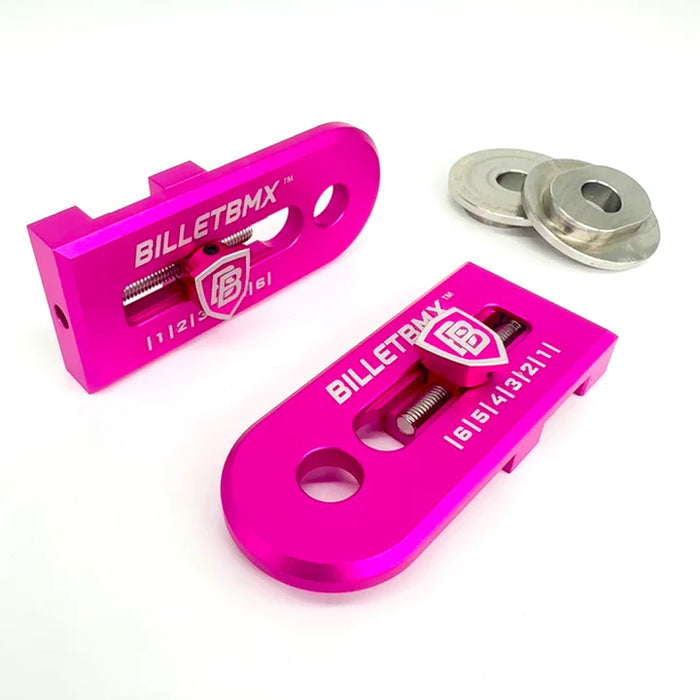 side view of billet bmx chain tensioner in  pink