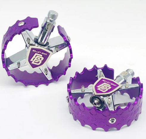 BILLET BMX Shield Chrome PRO SERIES ROUND PEDAL SET 9/16 top view cage- purple