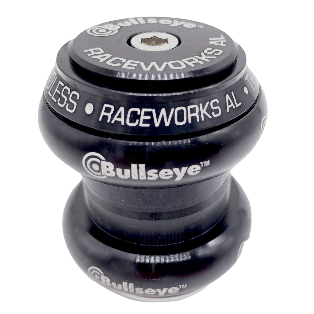 Complete front view of the Bullseye Raceworks headset in black, bullseye headset, raceworks headset