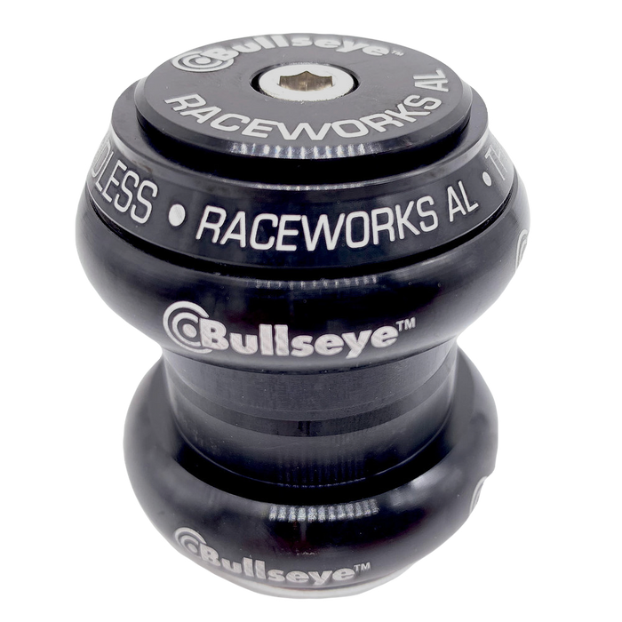 Complete front view of the Bullseye Raceworks headset in black, bullseye headset, raceworks headset