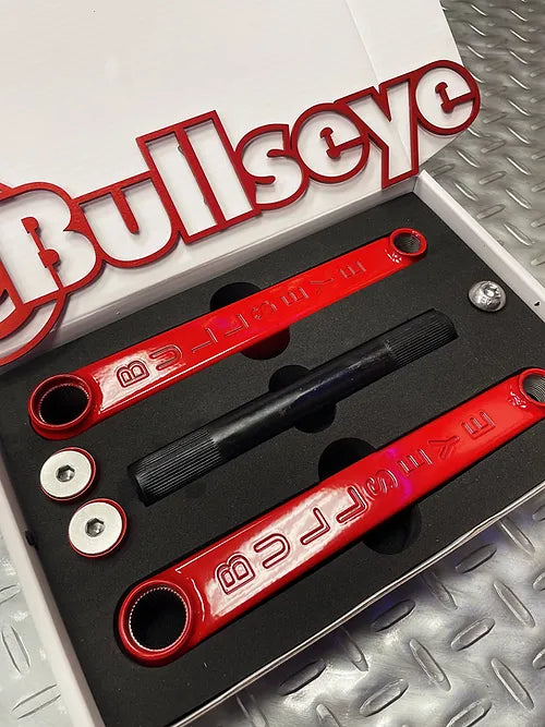 side view of bullseye retro cranks in ferrari red