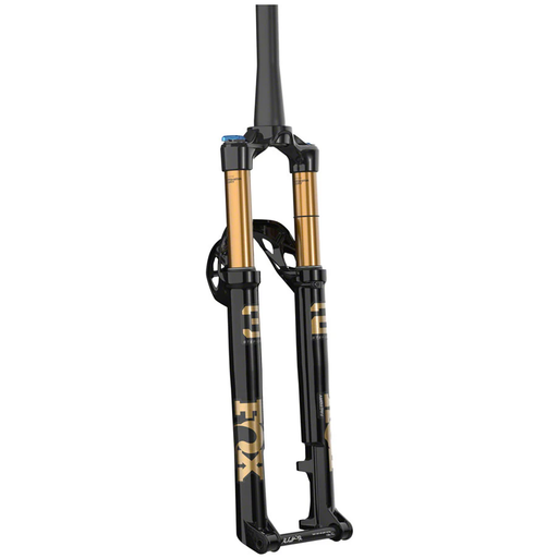 front angle view of fox 232 forks in Black and Gold