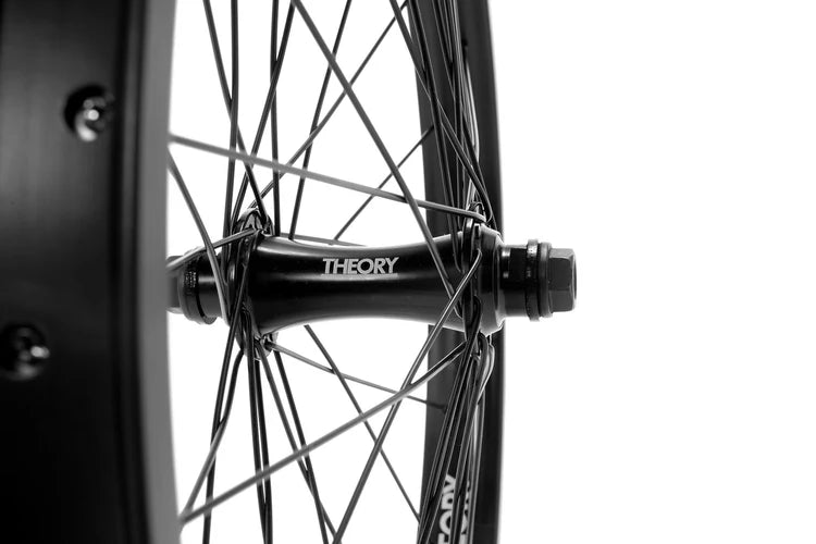 side angle view of theory predict front wheel in black