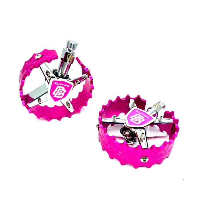 top view of billet bmx pro shield pedals in pink