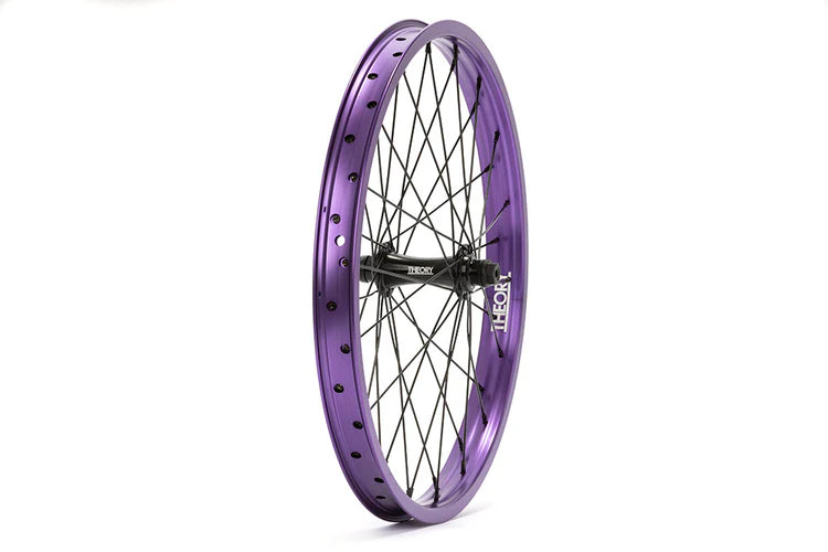 side angle view of theory predict front wheel in purple