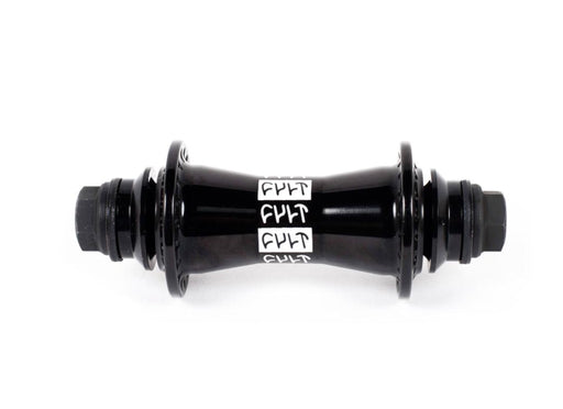 Front view of the cult crew front hub in black, bmx front hub, front bike hub, front bicycle hub, bmx street front hub, cult front hub, cult hub