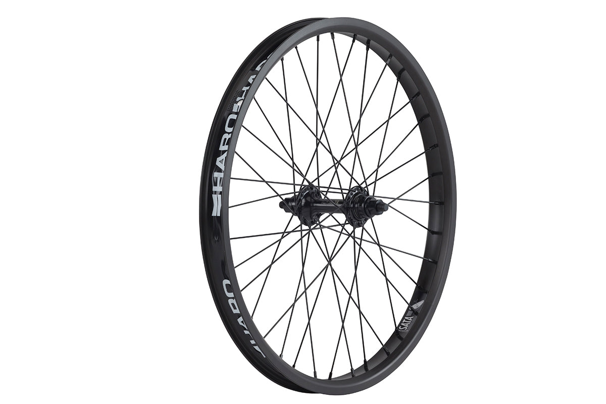 Side view of the 20" Haro Sata front wheel in black, bmx bike front wheel, bmx front rim, 20 bmx front wheel